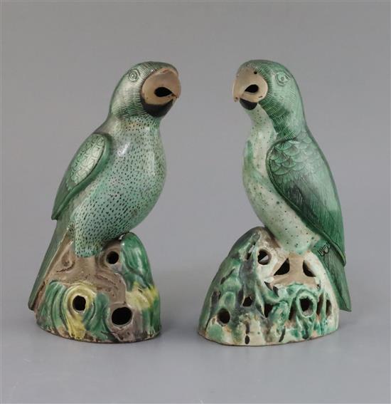 Two similar Chinese enamelled biscuit figures of parrots, Kangxi period, H. 21cm and 21.5cm
